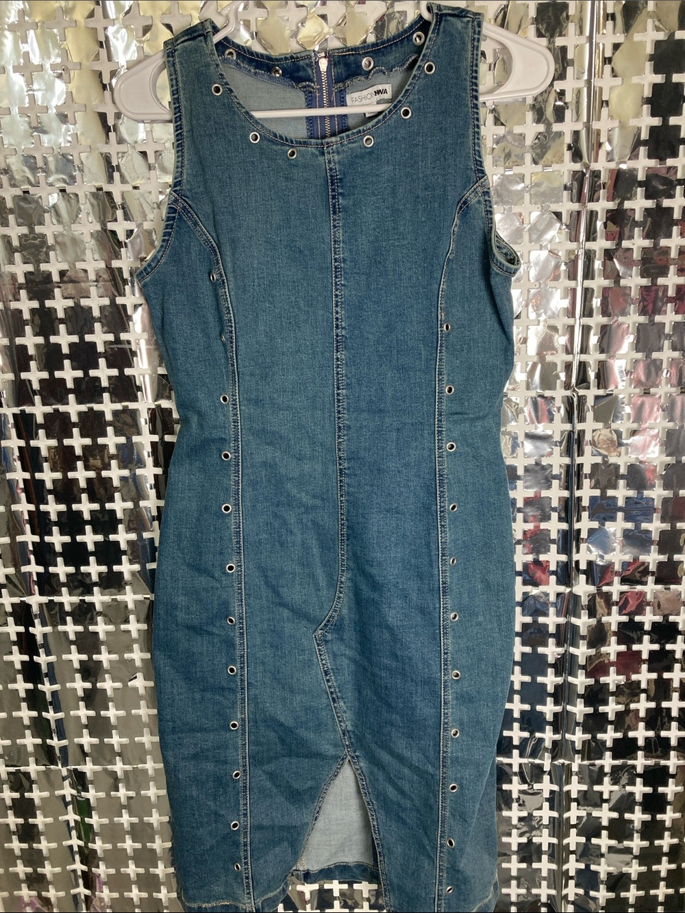 Fashion Nova Blue Denim Maxi Dress with Grommet Detail